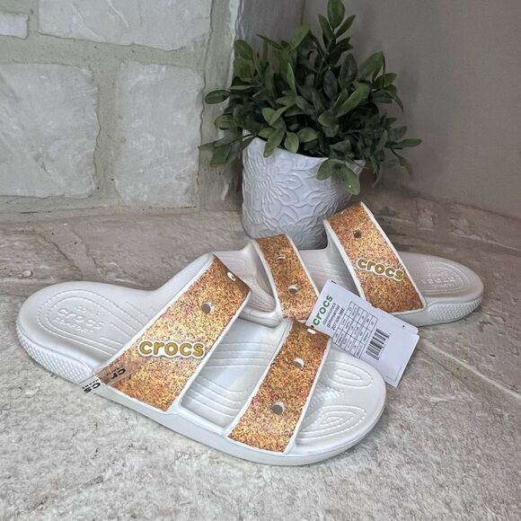 Crocs classicrocs orange glitter Two strap slides sz 10 - Picture 2 of 6